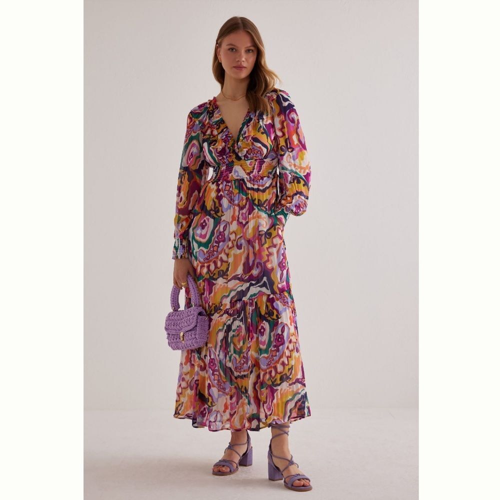 Anthropologie The Odetta Ruffled V-Neck Dress Pink Floral